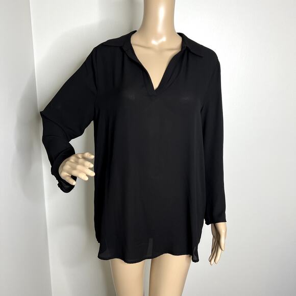Joan Vass Black Sheer V Neck Top - Picture 1 of 8